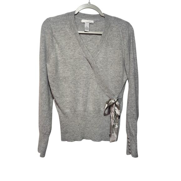 Lucy & Laurel Women's Sz XL Grey Wrap Sweater Satin Bow Angora Lambswool Blend - Picture 1 of 5